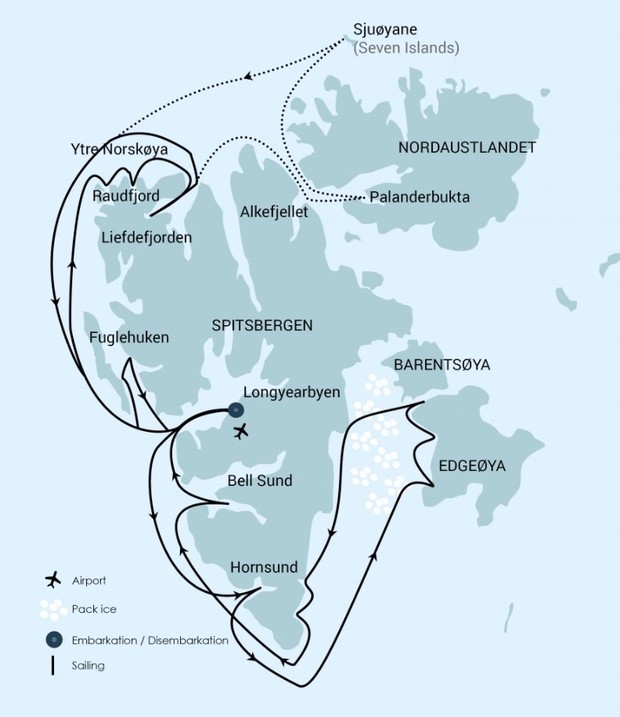 Map for 15 Days Extended North & East Spitsbergen Expedition