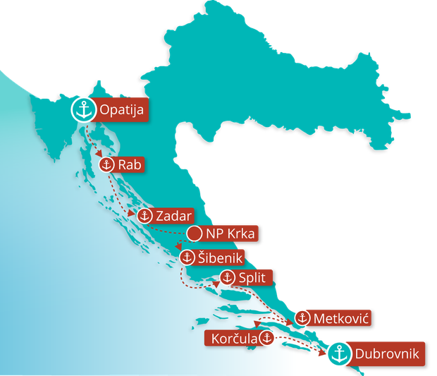 Map for Adriatic Explorer: Opatija - Dubrovnik