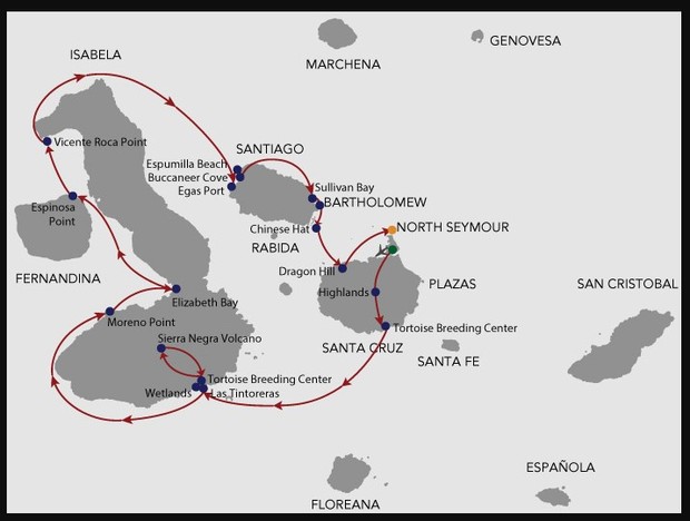 Map for Cormorant II Galapagos 8 Day Cruise B