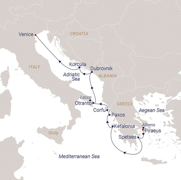 Map for Deep Blue Aegean & the Enchanting Adriatic Sea Sailing Cruise