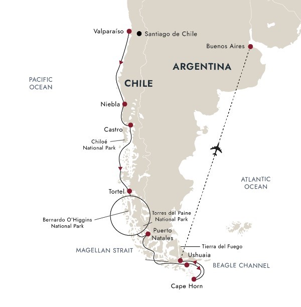 Map for Chilean Fjords – Discovering the Heart of Patagonia Small Ship Cruise