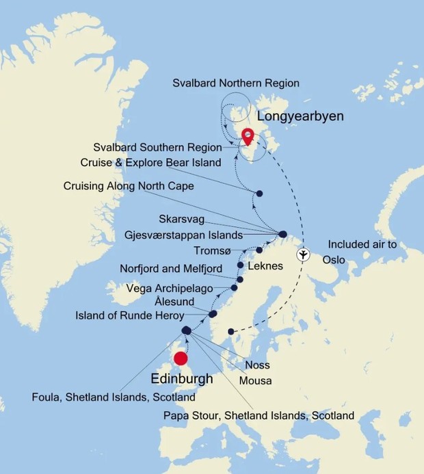 Map for Edinburgh to Longyearbyen - 21 Day Norway & Spitsbergen Luxury Cruise
