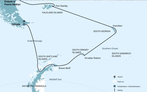 Map for Falklands, South Georgia and Antarctica Expedition from Puerto Madryn