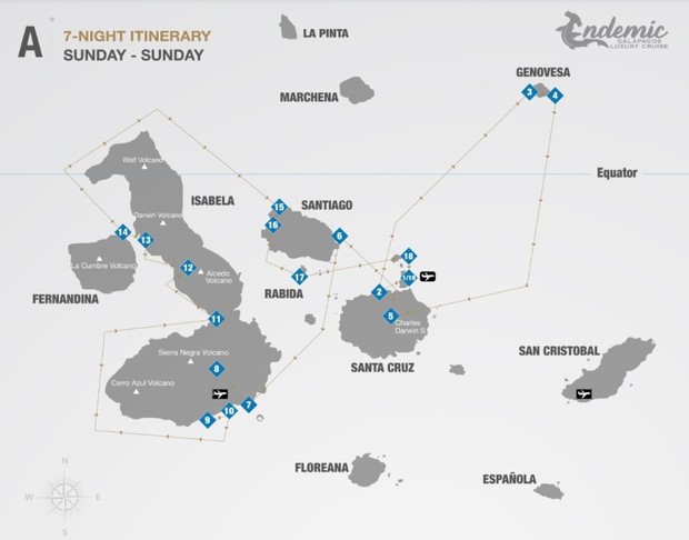Map for Endemic 7-Night Cruise in Western Galapagos