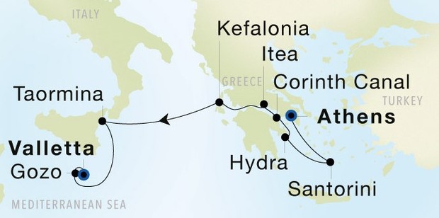 Map for Enchanting Greece, Sicily & Malta - Athens to Valletta 9 Day Cruise