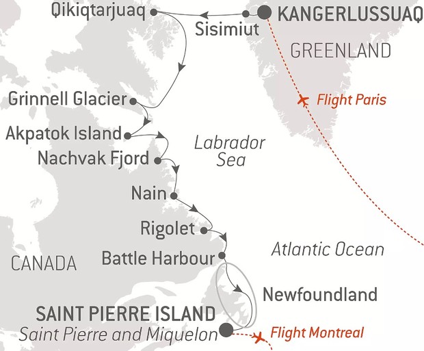 Map for Wilderness from Greenland to the East Coast of Canada - Luxury Cruise
