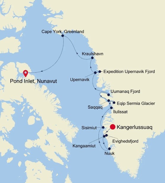 Map for Kangerlussuaq to Pond Inlet, Nunavut Luxury Cruise