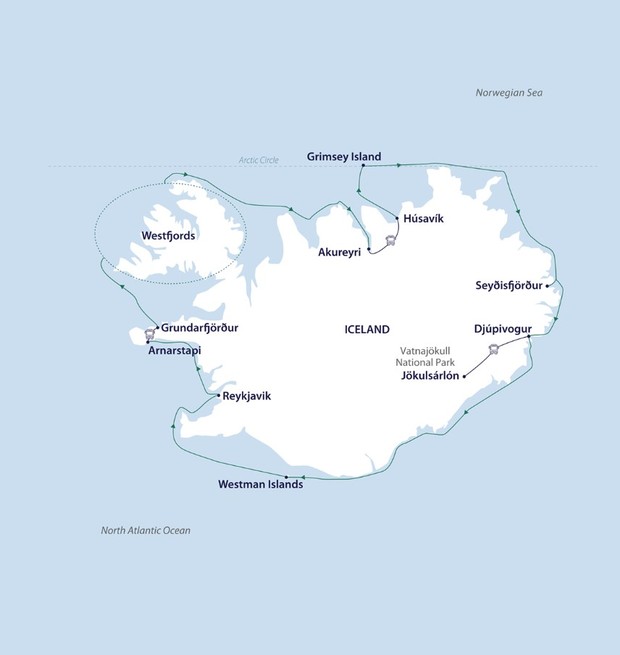Map for Iceland Circumnavigation - 12 Day Cruise from Reykjavik
