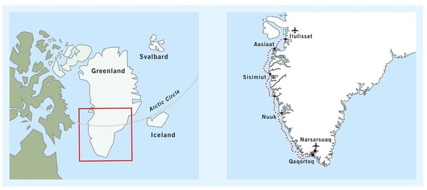 Map for Ilulissat to Narsarsuaq Greenland Cruise – Inuit History & Magnificent Fjords