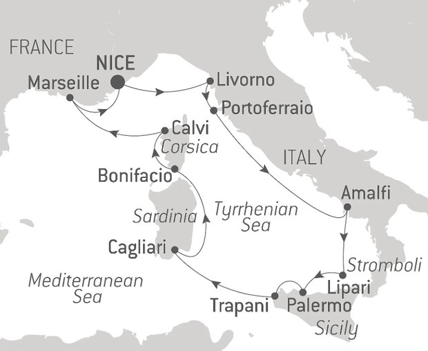 Map for Mediterranean Springtime in France and Italy - Luxury Cruise From Nice