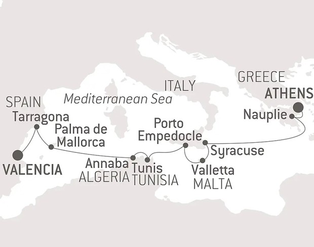 Map for Mediterranean Heritage and Archaeological Sites - Greece, Italy, Malta, Tunisia, Algeria and Spain Cruise