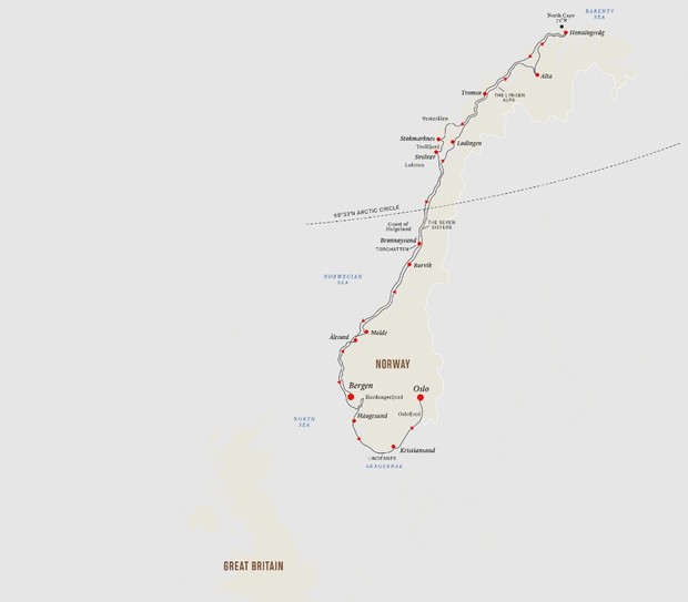 Map for The North Cape Express - Full Voyage Norway 2024 - 2025 - From Bergen to Oslo