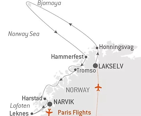 Map for Polar Lights Cruise: From North Cape to the Lofoten Islands