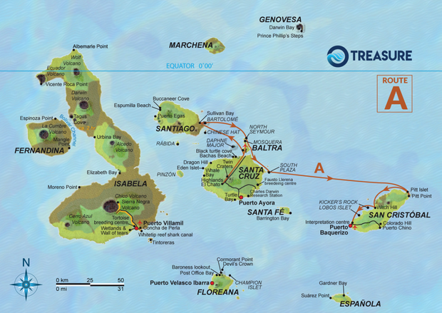Map for Galapagos 5 Day Route A aboard Treasure of Galapagos