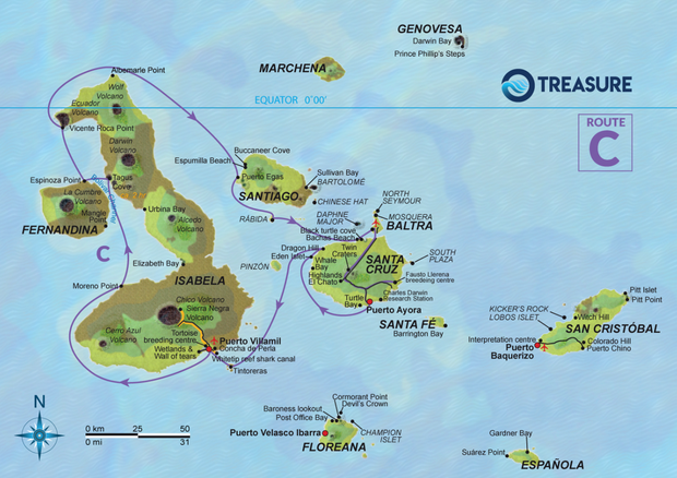 Map for Galapagos 7 Day Route C aboard Treasure of Galapagos